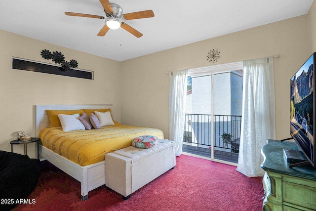 bedroom with access to exterior, ceiling fan, and carpet