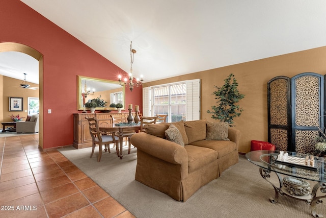 1558 W Maplewood St, Chandler, AZ 85286 - tiled living area featuring arched walkways, lofted ceiling, and a chandelier