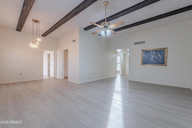 unfurnished room with a textured ceiling, ceiling fan, beam ceiling, high vaulted ceiling, and light hardwood / wood-style floors