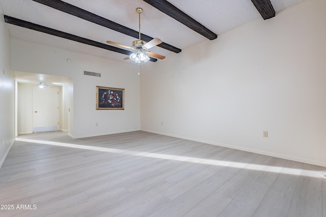 unfurnished room with ceiling fan, beam ceiling, light wood-type flooring, and a textured ceiling