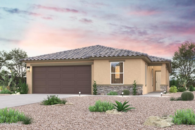 1113 N 13th St, Coolidge, AZ 85128 - view of front facade with a garage, driveway, stone siding, a tiled roof, and stucco siding