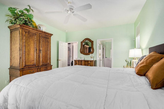 bedroom with ceiling fan and ensuite bath