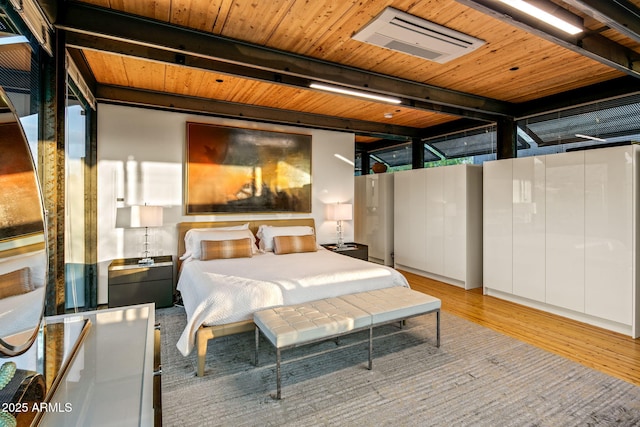 bedroom featuring wood ceiling, beam ceiling, visible vents, and wood finished floors