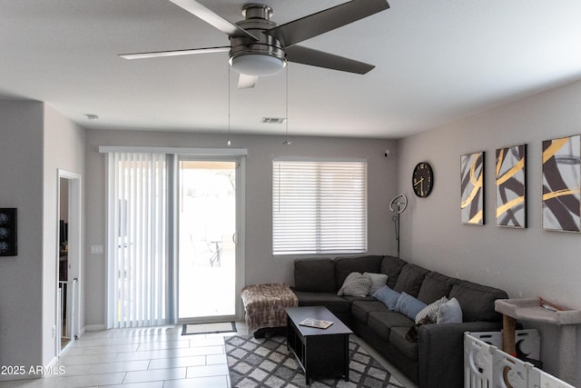 living room featuring visible vents and ceiling fan