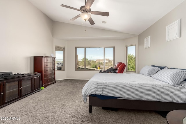 17562 W Desert Sage Dr, Goodyear, AZ 85338 - bedroom with vaulted ceiling, carpet floors, and a ceiling fan