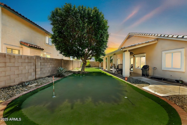 yard at dusk featuring a patio and a fenced backyard