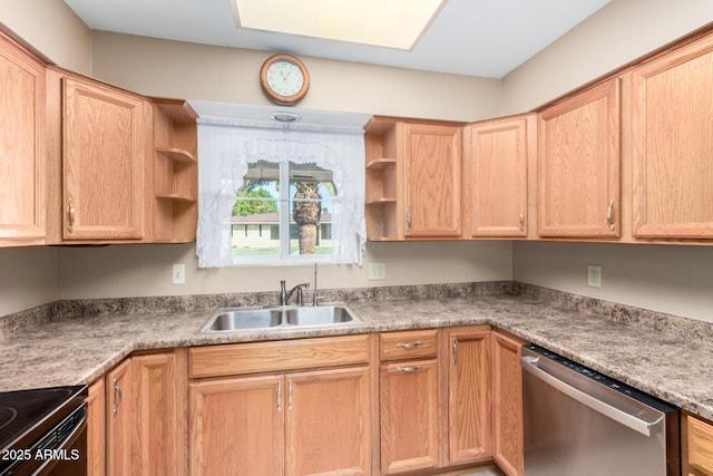 kitchen featuring a sink, light brown cabinets, open shelves, and stainless steel dishwasher