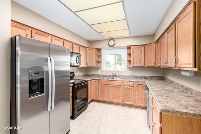 kitchen with black range with electric cooktop, a sink, stainless steel fridge with ice dispenser, and open shelves