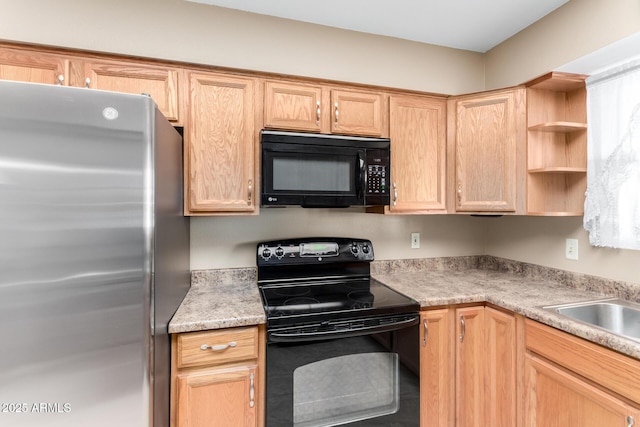 kitchen featuring light brown cabinets, open shelves, a sink, light countertops, and black appliances