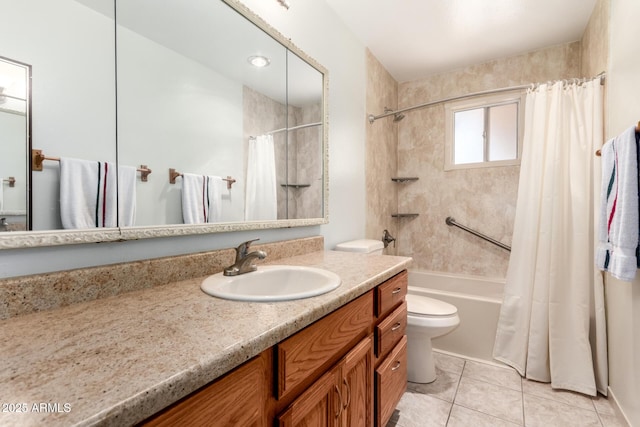 bathroom featuring toilet, shower / bathtub combination with curtain, vanity, and tile patterned floors