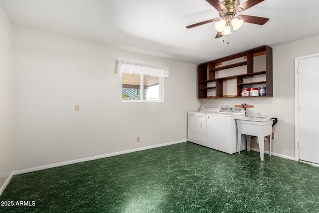 laundry room with laundry area, baseboards, a ceiling fan, independent washer and dryer, and tile patterned floors