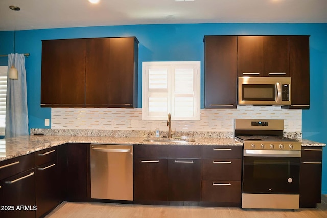 728 S Meadowood Ln, Sierra Vista, AZ 85635 - kitchen with appliances with stainless steel finishes, a sink, decorative backsplash, and dark brown cabinets