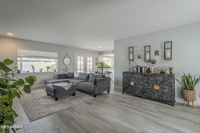 living room with french doors and light hardwood / wood-style floors