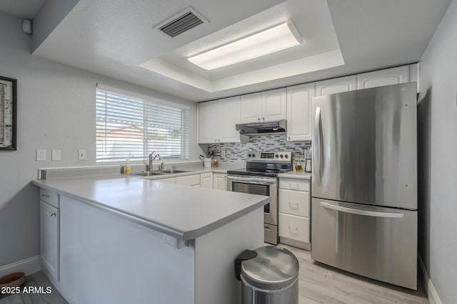 kitchen featuring stainless steel appliances, a raised ceiling, sink, and white cabinets