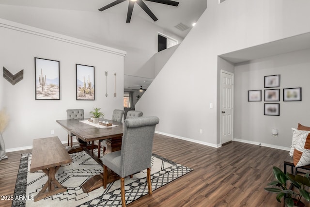 dining area featuring high vaulted ceiling, wood finished floors, visible vents, a ceiling fan, and baseboards