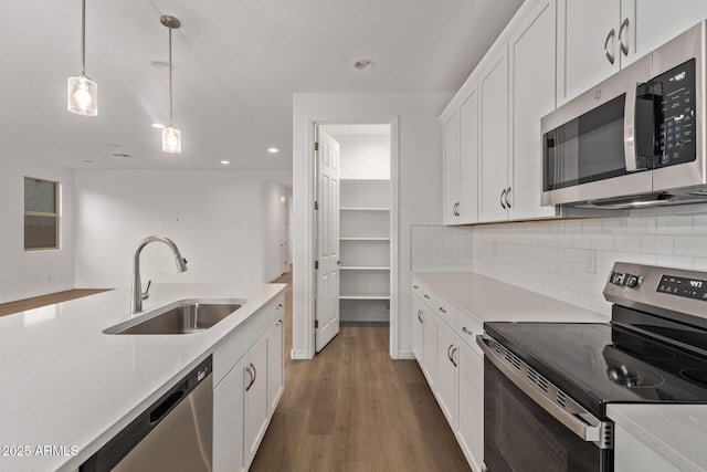 kitchen with a sink, appliances with stainless steel finishes, wood finished floors, and light countertops