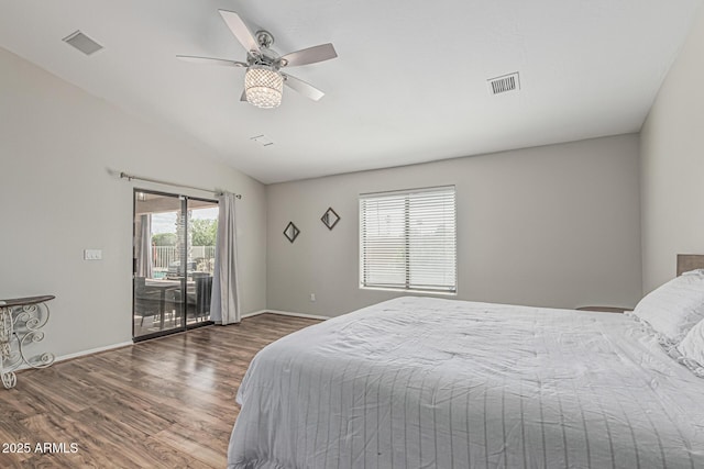 1207 E Clearview Dr, Casa Grande, AZ 85122 - bedroom with visible vents, vaulted ceiling, wood finished floors, and access to exterior
