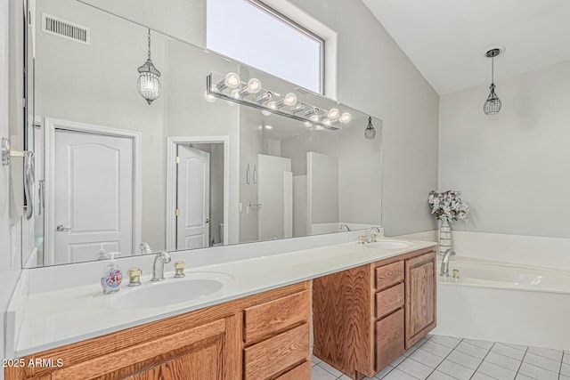 1207 E Clearview Dr, Casa Grande, AZ 85122 - bathroom with a sink, tile patterned floors, double vanity, and visible vents
