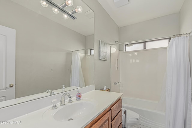1207 E Clearview Dr, Casa Grande, AZ 85122 - full bath featuring vanity, shower / bathtub combination with curtain, tile patterned flooring, and toilet