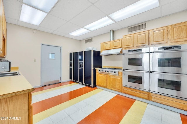 kitchen with a paneled ceiling, light brown cabinets, and stainless steel appliances