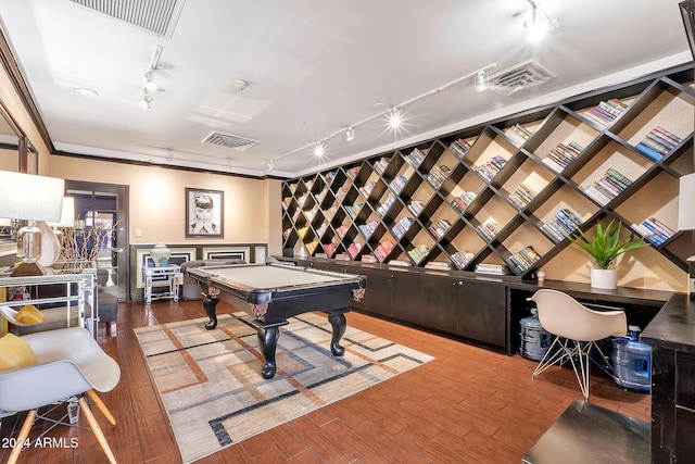 rec room with hardwood / wood-style floors, ornamental molding, and pool table