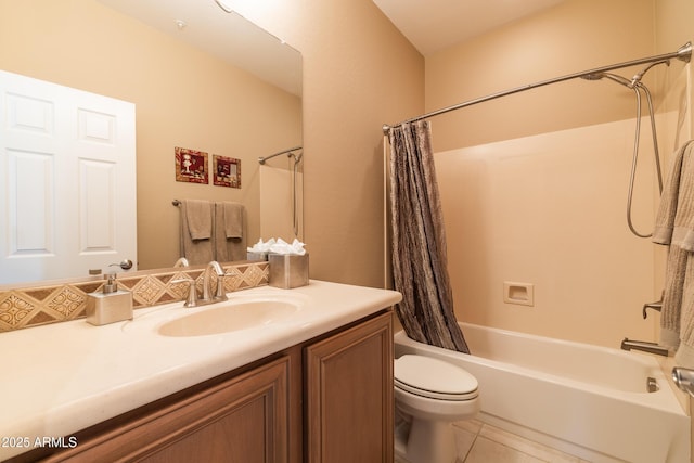 full bath featuring vanity, toilet, shower / bath combo with shower curtain, and tile patterned flooring