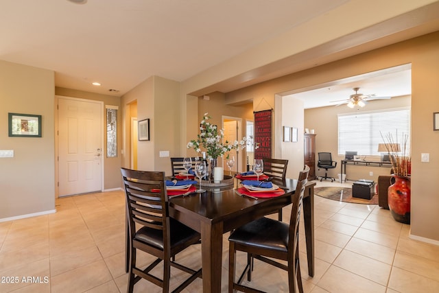 dining area with recessed lighting, baseboards, light tile patterned flooring, and a ceiling fan