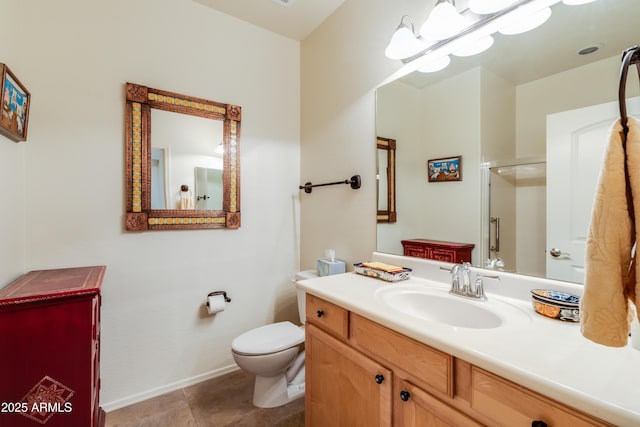 full bath featuring an enclosed shower, toilet, vanity, and tile patterned flooring