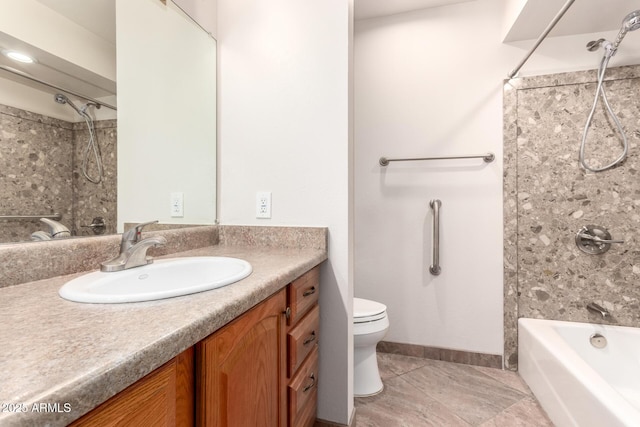 bathroom with baseboards, bathing tub / shower combination, toilet, tile patterned flooring, and vanity