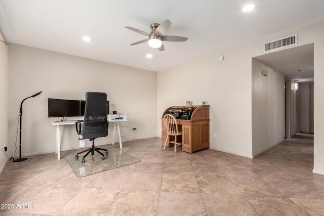 home office with a ceiling fan, recessed lighting, visible vents, and baseboards