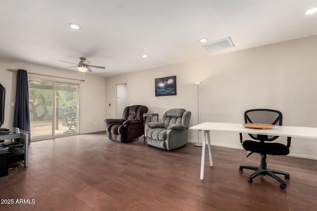 office space with visible vents, baseboards, dark wood finished floors, and recessed lighting