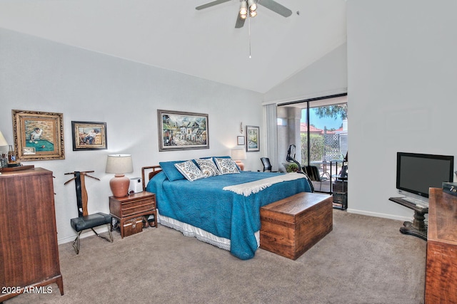 8120 E Cortez Dr, Scottsdale, AZ 85260 - bedroom featuring access to exterior, carpet flooring, high vaulted ceiling, and a ceiling fan