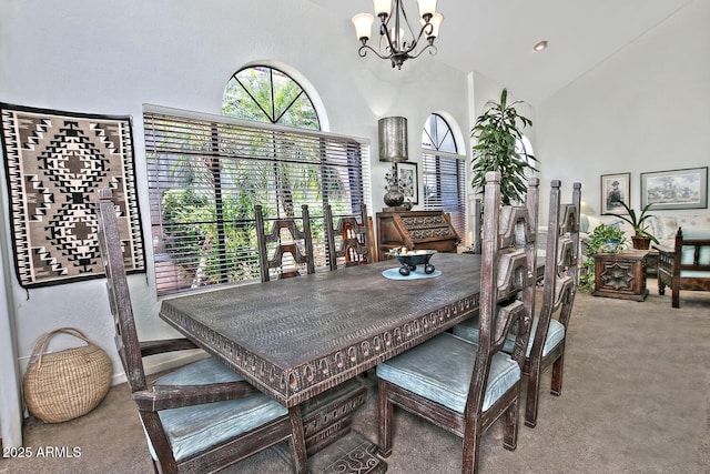 8120 E Cortez Dr, Scottsdale, AZ 85260 - dining area featuring high vaulted ceiling, carpet flooring, and a chandelier
