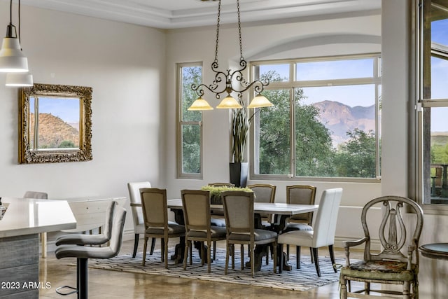 dining area with a mountain view, a wealth of natural light, and a chandelier