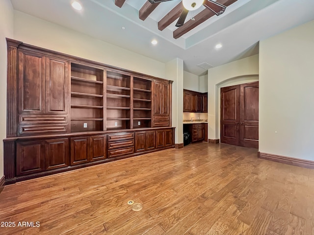 unfurnished living room with recessed lighting, ceiling fan, baseboards, and light wood-style floors