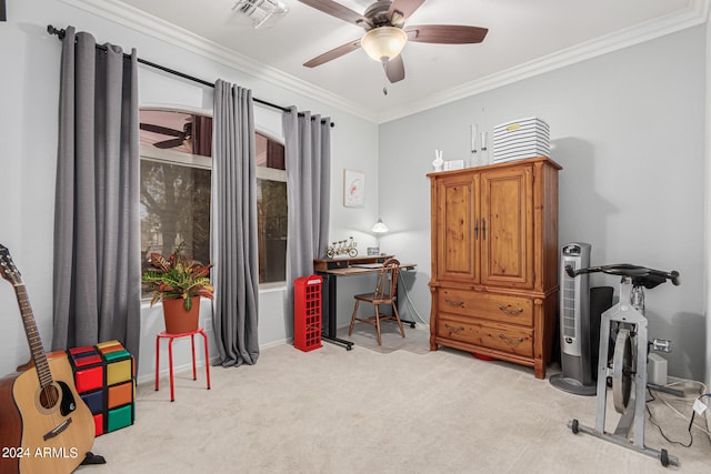 misc room with crown molding, ceiling fan, and light colored carpet