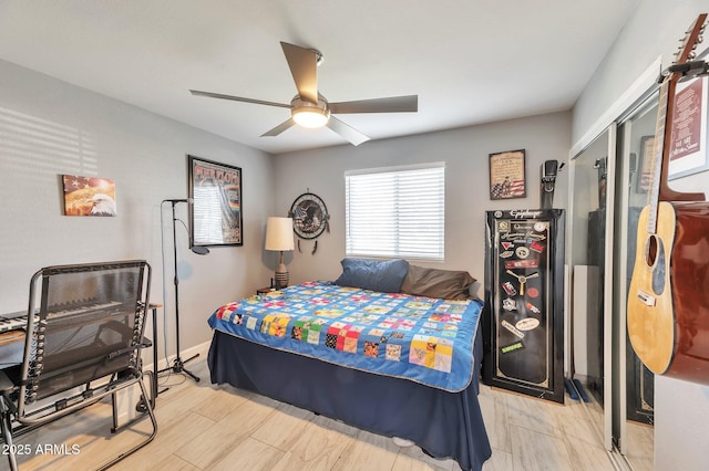 bedroom featuring ceiling fan, light hardwood / wood-style floors, and a closet