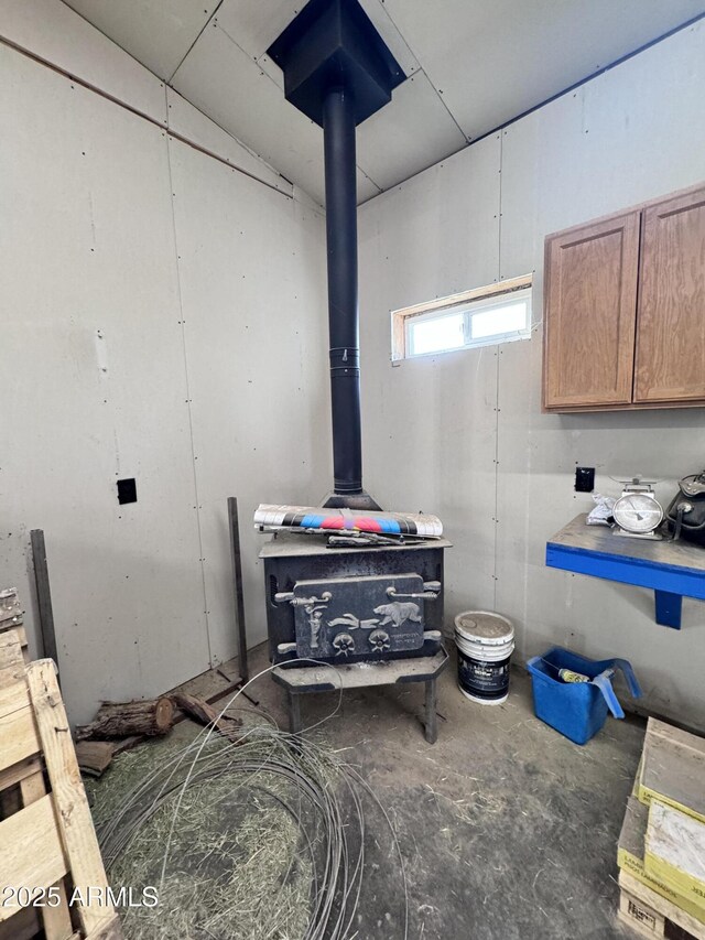 room details featuring a wood stove