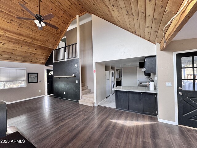 kitchen with wooden ceiling, dark wood-style floors, and dark cabinets