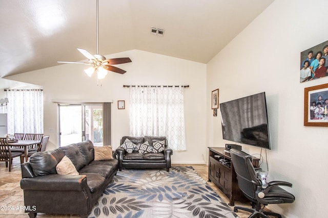 living room featuring high vaulted ceiling and ceiling fan