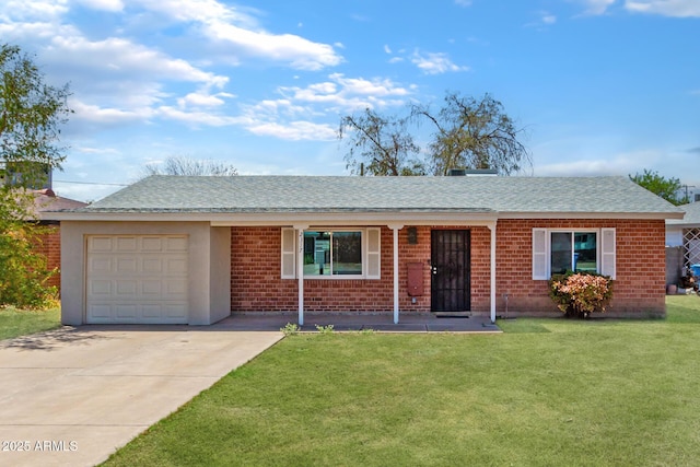 ranch-style house with a garage and a front yard