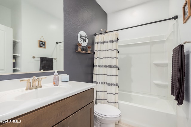 full bathroom featuring toilet, vanity, and shower / bath combination with curtain