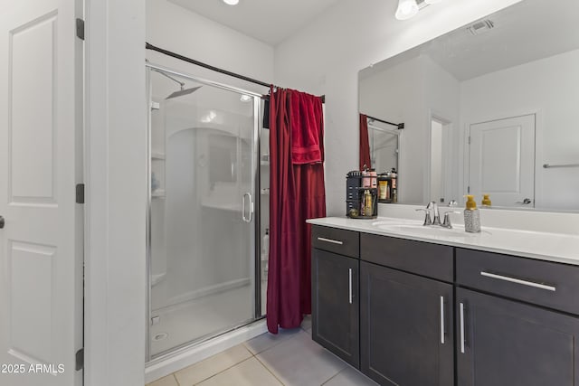 bathroom with tile patterned floors, visible vents, vanity, and a shower stall