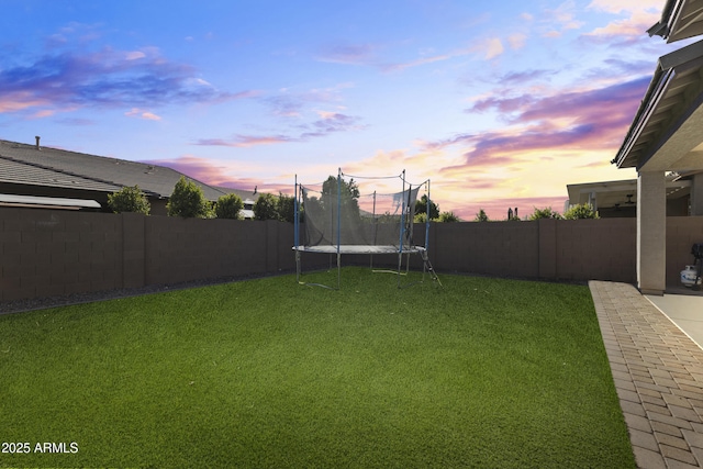 view of yard featuring a trampoline and a fenced backyard