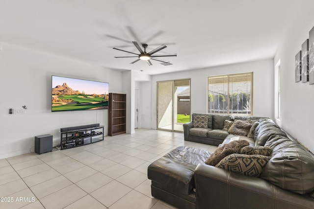 tiled living area featuring ceiling fan