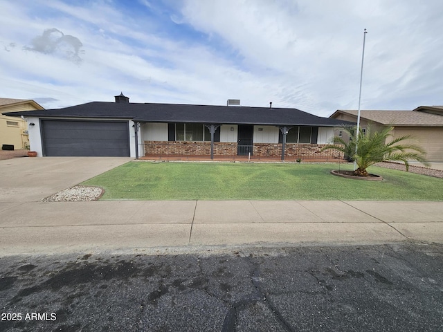 single story home with a front yard, driveway, a porch, an attached garage, and brick siding