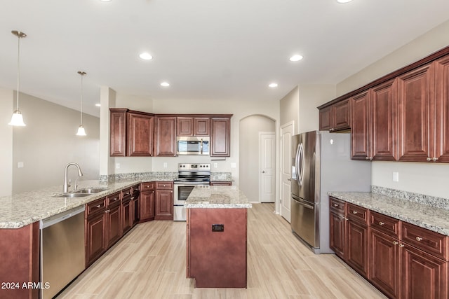 kitchen featuring sink, hanging light fixtures, light hardwood / wood-style flooring, kitchen peninsula, and stainless steel appliances