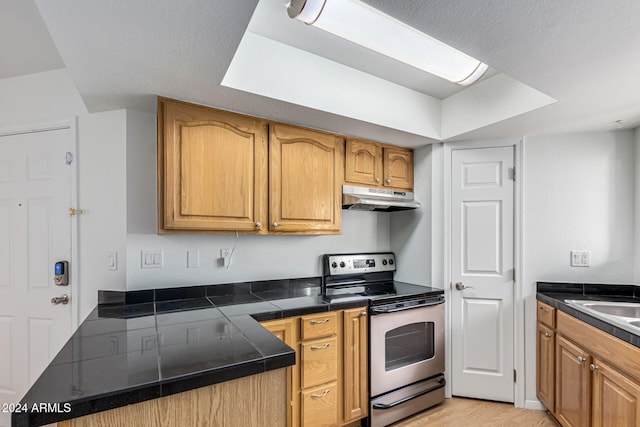 kitchen featuring a textured ceiling, light hardwood / wood-style flooring, stainless steel range with electric stovetop, and sink