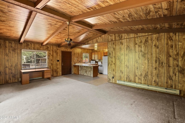 unfurnished living room with lofted ceiling with beams, wood ceiling, baseboard heating, wood walls, and ceiling fan