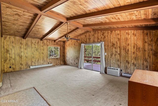 interior space with wooden ceiling, ceiling fan, lofted ceiling with beams, baseboard heating, and wooden walls